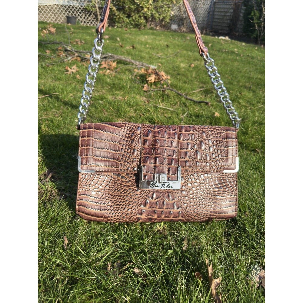 Marc Fisher Brown Croc Embossed Clutch Shoulder Bag Gold Chain Quiet Luxury Y2K